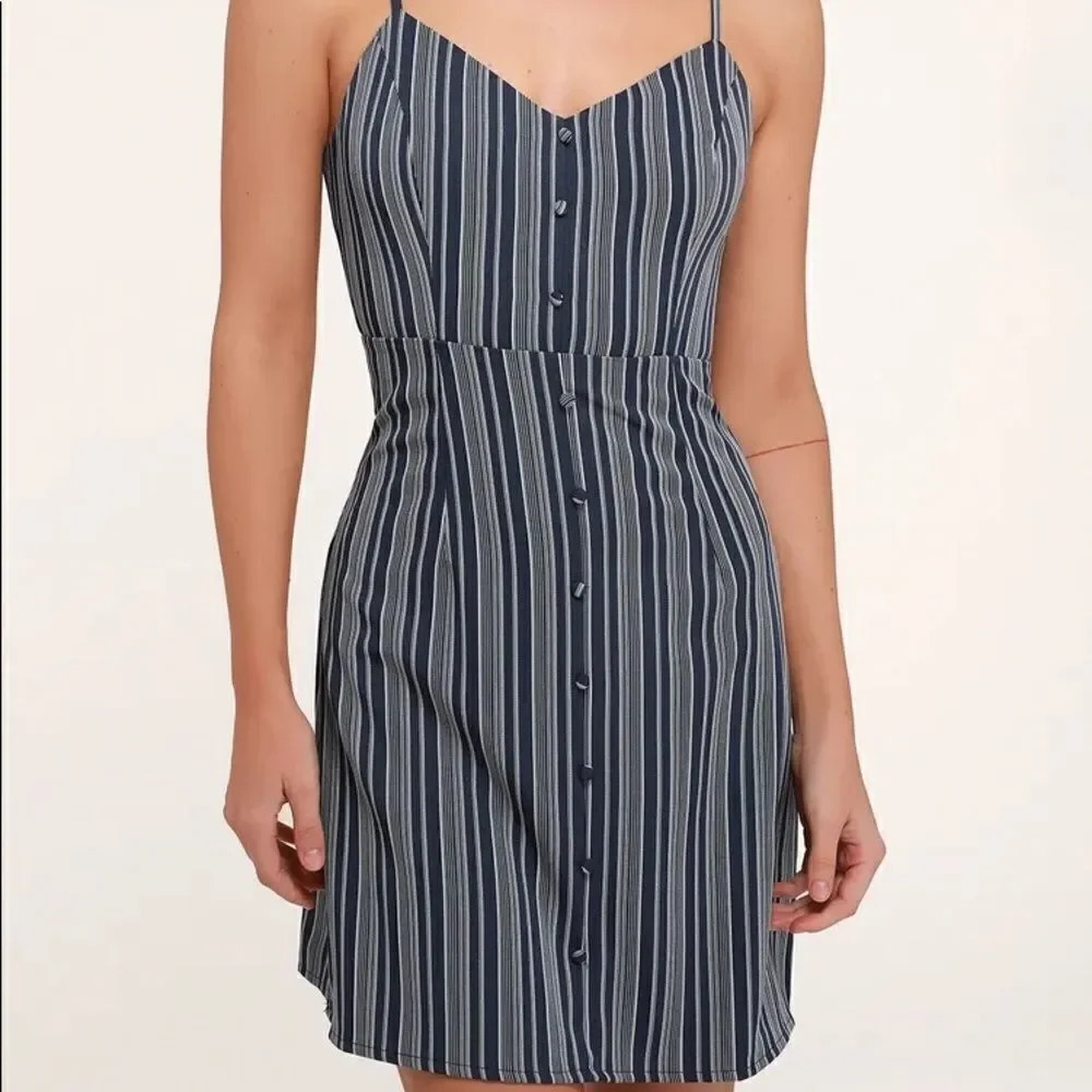 Navy Blue Striped Button-Front Mini Dress - Picture 2 of 14